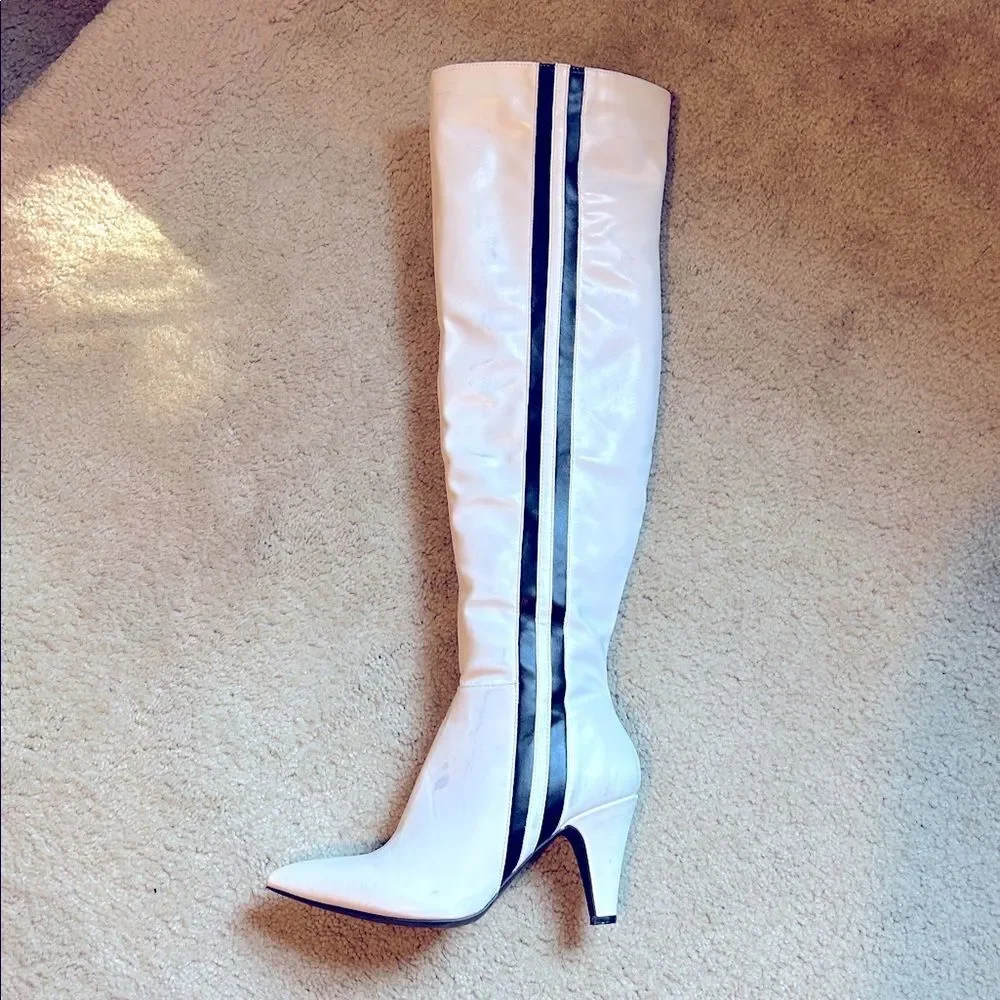 Wild Diva White Thigh-High Boots with Black Stripe